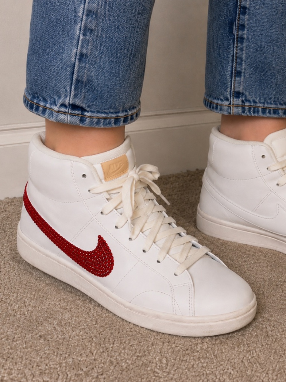 Nike Court Vision Mid White Custom Red Rhinestone Sneakers Women’s 9